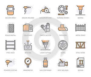 Welding services flat line icons. Rolled metal products, steelwork, stainless steel laser cutting, turning works, safety