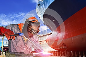 Welding ship repair in shipyard Thailand.