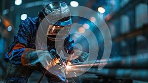 Welding sparks, Industrial worker using torch to welding metal in factory