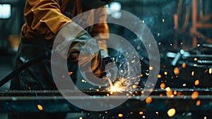 Welding sparks, Industrial worker using torch to welding metal in factory