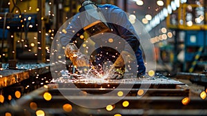 Welding sparks, Industrial worker using torch to welding metal in factory