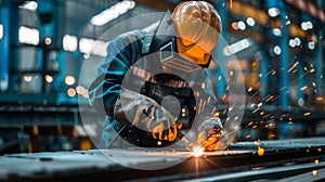 Welding sparks, Industrial worker using torch to welding metal in factory