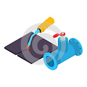 Welding steel icon isometric vector. Welding torch and pipe part with valve icon