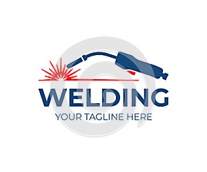 Welding torch with spark logo design. Welder tool vector design photo