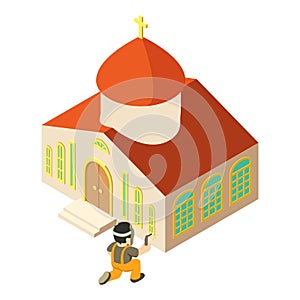 Welding work icon isometric vector. Welder perform repair work near church icon