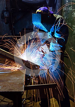 Welding worker in dark facotry