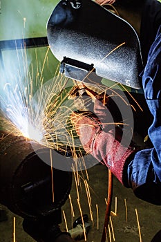Welding worker doing welding at pipe