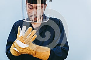 Welding Worker Wear Personal Safety Equipment Protective Concept, Portrait of Mechanical Handyman Standing While Wearing Safety
