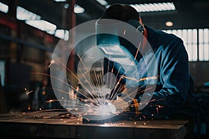 Welding workshop close up with sparks flying, showcasing industrial manufacturing process