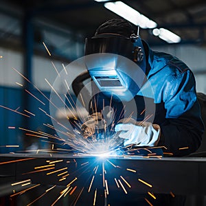 Welding workshop close up with sparks flying, showcasing industrial manufacturing process