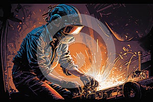 Welding Workshop Scene with Sparks Flying and Metalwork in Progress