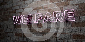 WELFARE - Glowing Neon Sign on stonework wall - 3D rendered royalty free stock illustration