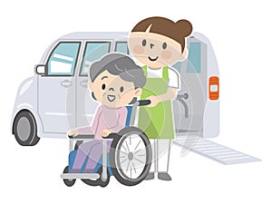 Welfare vehicles and wheelchair senior women and nursing staff