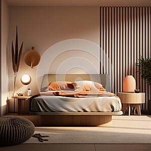Well-appointed room designed in a modern style. Soft bed, bedside table, table lamp with soft warm light effect.