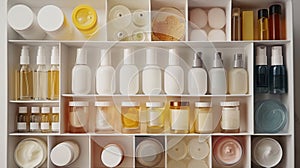 a well-arranged skincare arsenal featuring serums, creams, and face masks, representing a beauty routine concept in a photo