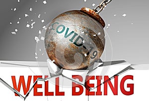 Well being and coronavirus, symbolized by the virus destroying word Well being to picture that covid-19  affects Well being and photo