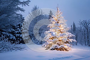 A well-decorated Christmas tree gleams brightly amidst a snowy landscape, creating a festive ambiance, A winter wonderland with a