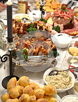 Well decorated table with Gourmet food photo