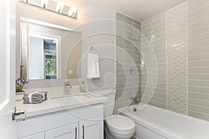 Well designed bathroom with mosaic tiled wall.