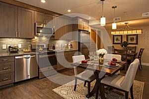 Cozy modern kitchen interior with dining table