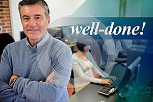 Well-done! against teacher smiling at top of computer class