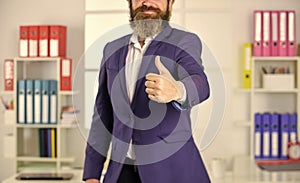 Well done. Good job. Male hand show thumbs up sign. Success and approval concept. Gesture expresses approval. Business