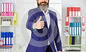 Well done. Good job. Male hand show thumbs up sign. Success and approval concept. Gesture expresses approval. Business