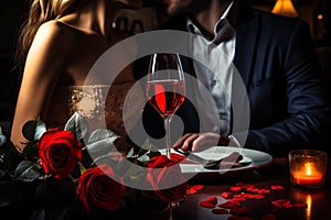 A well dressed couple having romantic dinner date at luxury restaurant, red roses and wine on the table with unrecognizable person