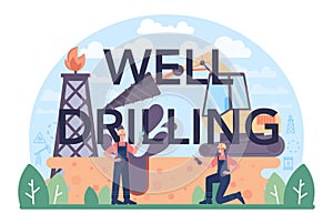 Well drilling typographic header. Petroleum industry, pumpjack platform