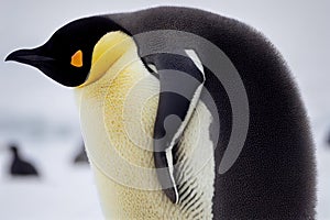 Well-fed emperor penguins ruffle ridiculously and sits on ice.