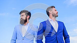 Well groomed appearance improves business reputation entrepreneur. Bearded business people posing confidently. Perfect photo
