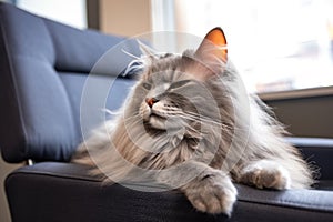 a well-groomed cat purring on a comfy chair