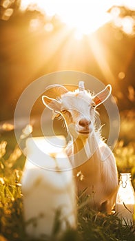 Well-groomed goat on green meadow on a sunny day. Organic dairy products concept. Agricultural landscape. Generative AI