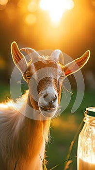 Well-groomed goat on green meadow on a sunny day. Organic dairy products concept. Agricultural landscape. Generative AI