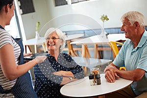 Well have the pensioners special. a senior couple being served by a waitress.