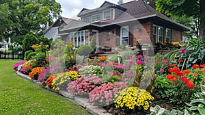 A well-kept house and garden boast vibrant annual and perennial blooms, a colorful and picturesque display