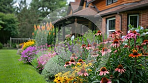 A well-kept house and garden boast vibrant annual and perennial blooms, a colorful and picturesque display