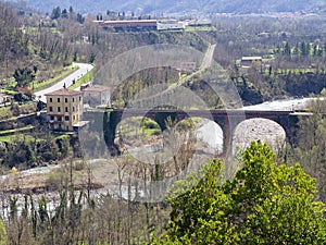 Garfagnana view. River Serchio and Ponte di Campia, Italy. photo