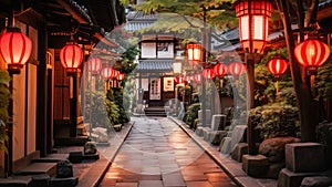 A well-lit city street at night with multiple lights illuminating the surroundings, A walkway lined with traditional lanterns in