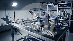 Electronics laboratory workbench with microscope and tools