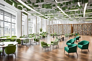 a well-lit library in a medical school with shelves of books and green seats. a contemporary, spacious building