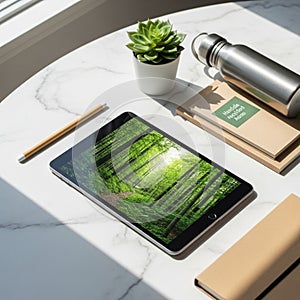 A well-lit marble table featuring a