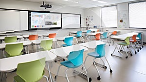 Modern classroom with white tables, colorful chairs, interactive screen, and projector.