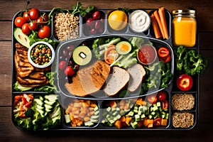 A well-lit photograph capturing a neatly arranged lunch box filled with an assortment of healthy and wholesome foods. The table