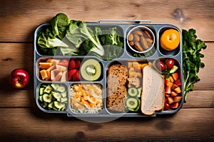 A well-lit photograph capturing a neatly arranged lunch box filled with an assortment of healthy and wholesome foods. The table