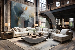 A well-lit, spacious living room with high ceilings, featuring modern furniture and a large abstract painting, illustrating a