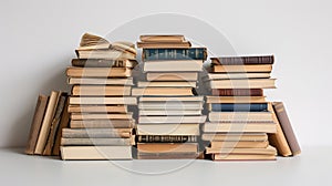 Well-loved books, stacked neatly, create a sense of order on the seamless white surface