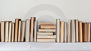 Well-loved books, stacked neatly, create a sense of order on the seamless white surface