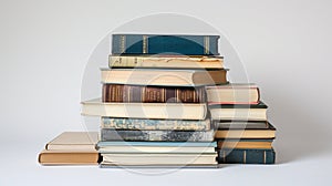 Well-loved books, stacked neatly, create a sense of order on the seamless white surface