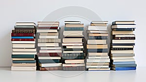 Well-loved books, stacked neatly, create a sense of order on the seamless white surface